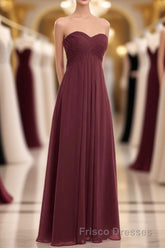 Burgundy Chiffon Strapless Sweetheart A-Line Long Bridesmaid Dress