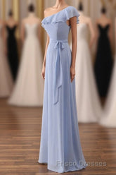 Periwinkle One-Shoulder Ruffled A-Line Long Bridesmaid Dress