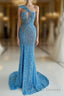 Ocean Blue Sequins One-Shoulder Mermaid Long Formal Prom Dresses With Split