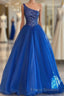 Blue Beaded One-Shoulder A-Line Long Formal Prom Dress