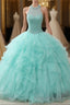 Mint Ball Gown Floor Length Halter Keyhole Back Beading Ruffles Formal Prom Dress