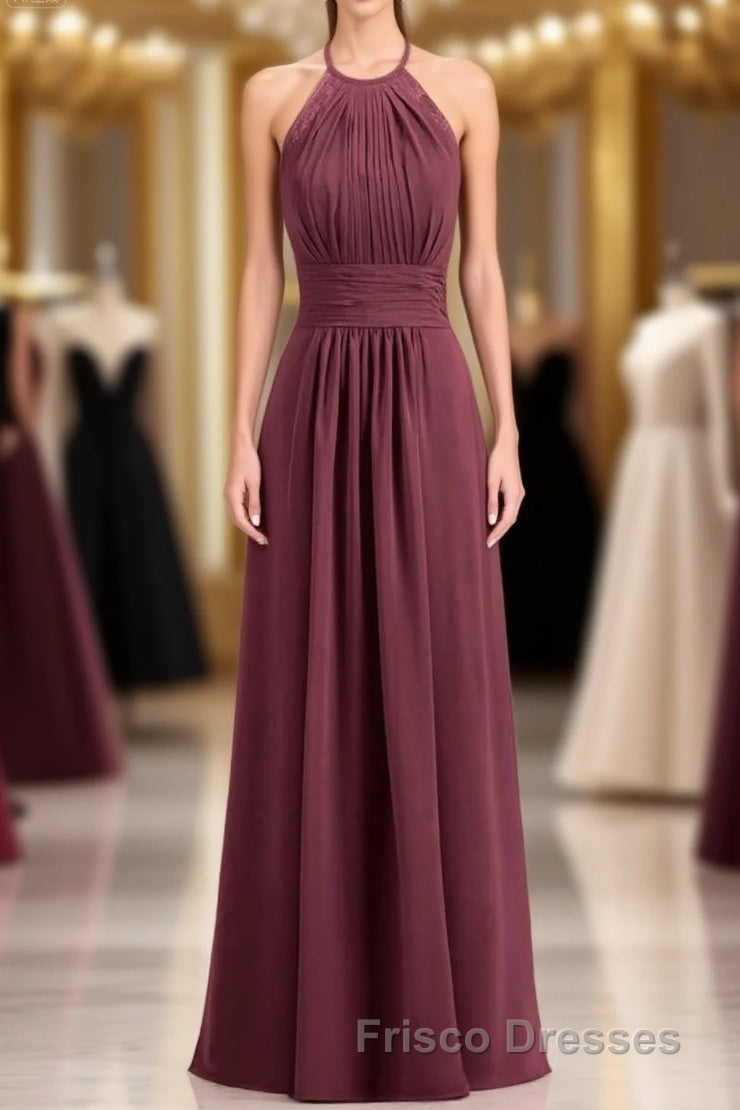Burgundy Chiffon Halter Long Bridesmaid Dress with Lace Strap Frisco Dresses Burgundy Chiffon Halter Long Bridesmaid Dress with Lace Strap Frisco Dresses