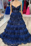 Navy Blue Floral Multi-Layers Sequined Straps Long Formal Prom Dress