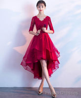 Burgundy V Neck Tulle Lace Short Prom Dress Bridesmaid Dress