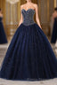 Navy Blue Ball Gown Floor Length Sweetheart Sleeveless Mid Back Formal Prom Dress