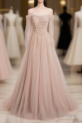 Champagne Pink Tulle Beads Long Formal Prom Dress, Champagne Evening Dress