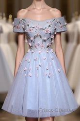 Cute Gray Blue Tulle Short Formal Prom Dress, Gray Homecoming Dress