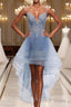 Blue Sweetheart Tulle Lace High Low Formal Prom Dress, Blue Homecoming Dress