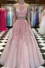 2 Pieces Pink Red Lace Formal Prom Dress, Two Pieces Pink Red Tulle Lace Formal Evening Dress