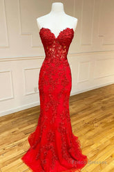 Red Strapless Lace Long Prom Dress, Mermaid Evening Dress