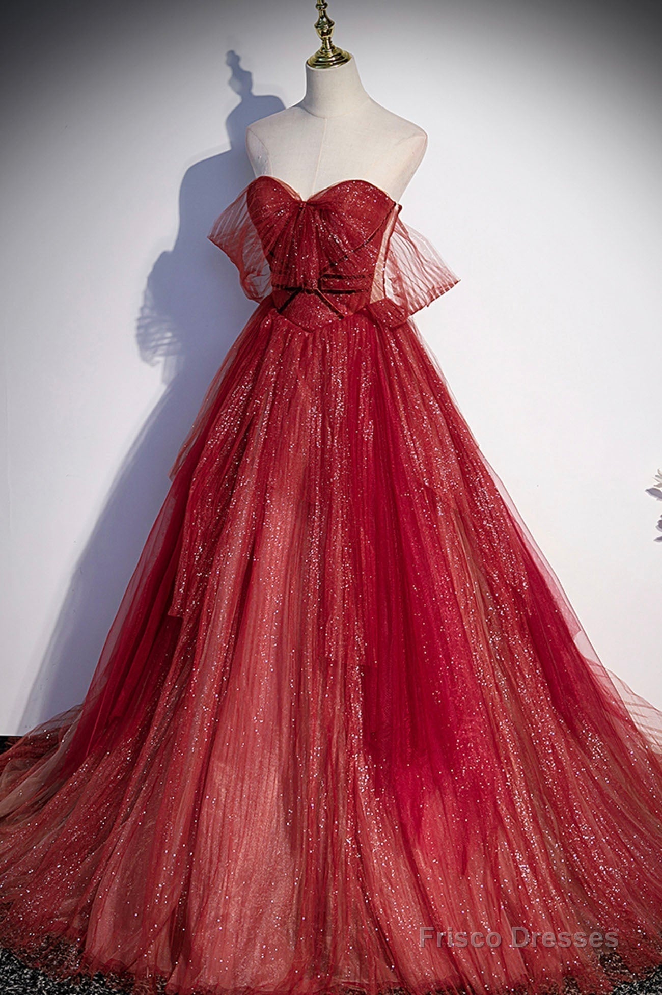 Burgundy Sweetheart Neckline Tulle Long Prom Dress, A-Line Evening Dre   Frisco Dresses