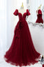 A-Line Satin Tulle Long Prom Dresses, Burgundy Evening Dresses
