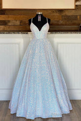 A-Line Sequins Long Prom Dresses, White Formal Evening Dresses