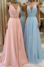 A-line V Neck Sleeveless Chiffon Sweep Train Formal Prom Dress With Beading Pleated