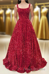 Red Sequin Square Neck Backless A-Line Long Formal Prom Gown