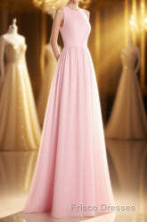 Pink Chiffon Halter Cutout Back A-Line Long Bridesmaid Dress