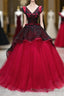 Unique Burgundy V Neck Tulle Long Formal Prom Dress, Burgundy Evening Dress