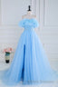 Light Blue Flowers Off-Shoulder A-line Long Formal Prom Dress with Slit