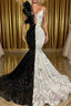 Hot Half Black Half White One shoulder Long Sleeves Mermaid Formal Prom Dress