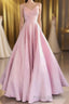 V-neck A-line Pink Spaghetti Straps Rushed Satin Long Formal Prom Dress