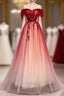 Burgundy Off Shoulder Tulle Long Formal Prom Dress, Burgundy Formal Prom Dress, 1