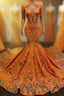 Hot Orange High neck Long Sleeves Mermaid Sequin Formal Prom Dress