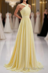 Cross Front Yellow Pleated Chiffon Long Bridesmaid Dress