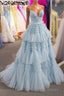 Elegant Light Blue Side Slit Tulle Long Formal Prom Dress