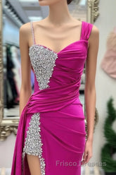 Asymmetrical Magenta Beaded Long Formal Prom Dress with Attached Train