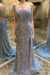 Double Straps Lace-Up Sequins Long Formal Prom Dresses with Slit