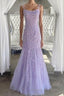 Lilac Spaghetti Straps Long Lace Tulle Evening Dress Mermaid Appliques Formal Prom Dress