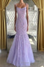 Lilac Spaghetti Straps Long Lace Tulle Evening Dress Mermaid Appliques Formal Prom Dress