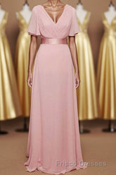Pink V-Neck Ruffled A-Line Long Bridesmaid Dress
