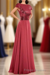 Burgundy Sequin Cap Sleeve Backless A-Line Bridesmaid Dress
