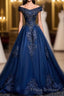 Blue Tulle Lace Off Shoulder Long Formal Prom Dress, Blue Tulle Lace Evening Dress