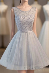 Gray Tulle Beads Short Formal Prom Dress, Gray Homecoming Dress