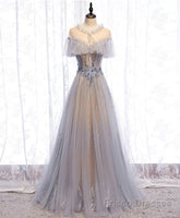 Gray Tulle Lace Long Prom Dress, Gray Tulle Formal Dress, 3