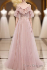 Pink V Neck Tulle Lace Long Formal Prom Dress, Pink Bridesmaid Dress, 1