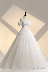 Ivory Tulle Off the Shoulder Formal Gown, Elegant A-Line Wedding Dress