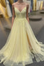 Light Yellow Deep V Appliques Long Formal Prom Dress with Slit