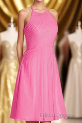 Neon Pink Halter A-Line Short Bridesmaid Dress