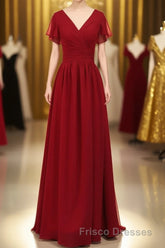 Red Chiffon V-Neck Ruffled A-Line Long Bridesmaid Dress