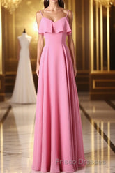 Pink Chiffon Straps Ruffled A-Line Long Bridesmaid Dress