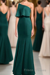 Hunter Green One-Shoulder Mermaid Ruffled Long Bridesmaid Dress