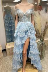 Light Blue Lace Sweetheart Tiered Long Formal Prom Dress with Slit
