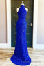 Blue Sequin Halter Long Formal Prom Dress with Slit