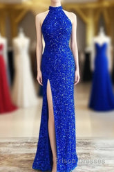 Blue Sequin Halter Long Formal Prom Dress with Slit