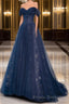 A-Line Off Shoulder Tulle Lace Dark Blue Long Formal Prom Dress, Dark Blue Long Evening Dress