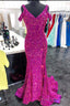 4 Fuchsia Sequin Formal Dresses Cold-Shoulder Mermaid Prom Dress Long