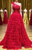 Red One Shoulder Corset Tiered Long Formal Prom Dress with Ruffles